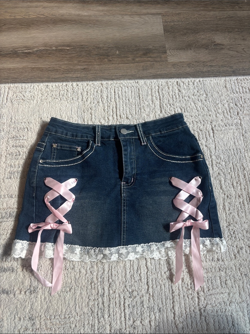 ROMWE Dark Blue Denim Mini Skirt with Pink Ribbon & White Lace